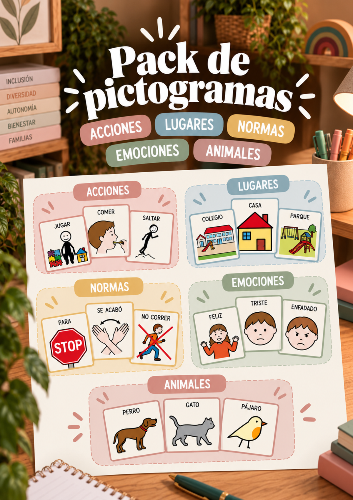 Pack de pictogramas: acciones, emociones, lugares, normas y animales